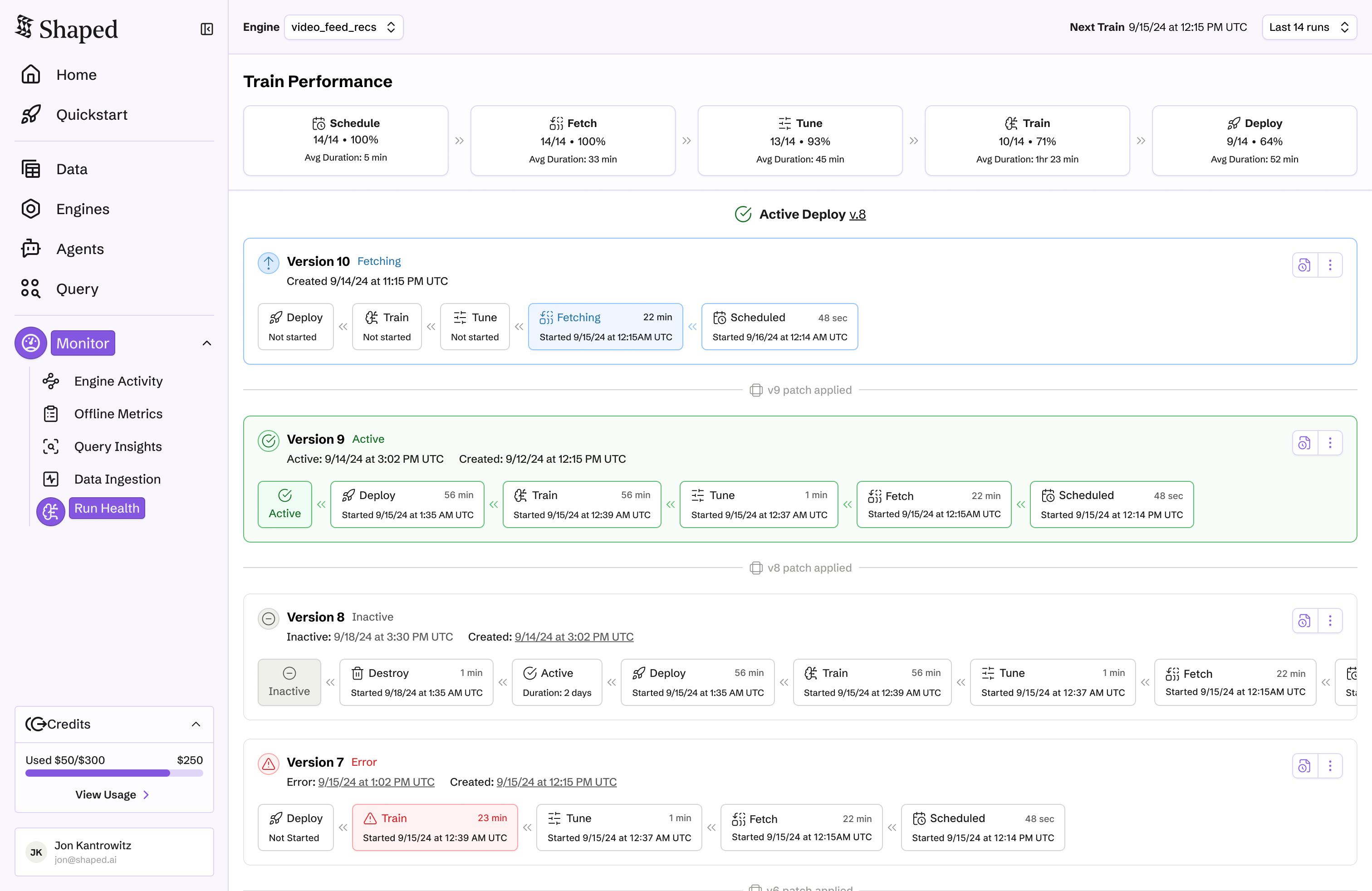 Engine run health view with deployment status and error diagnostics