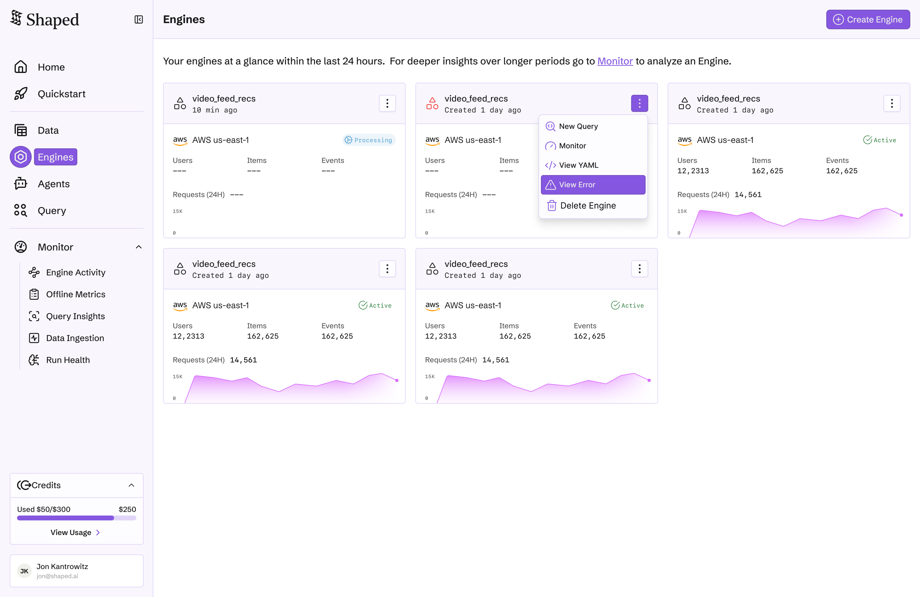 Engine cards with status badges, request sparklines, and context menu