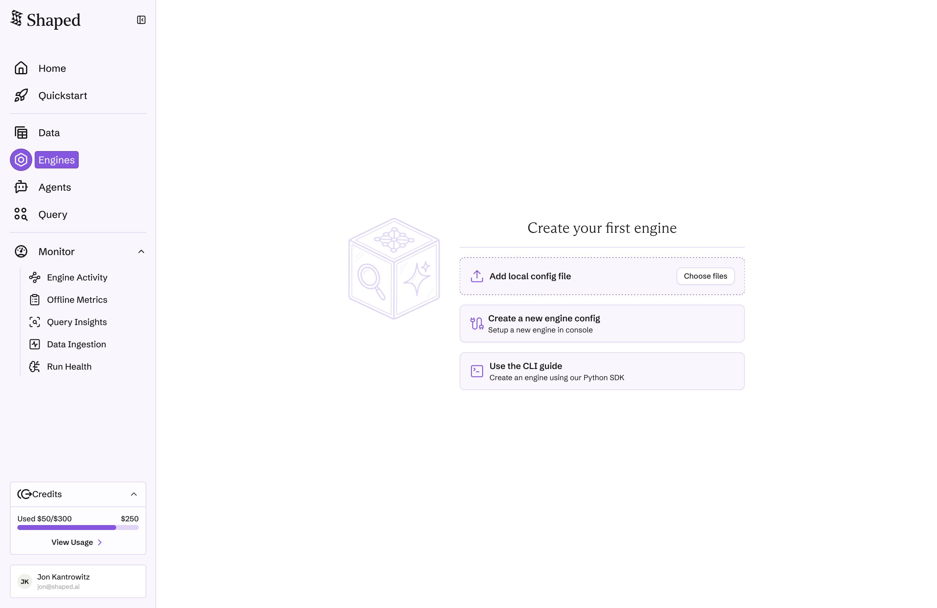 Engines empty state with creation options