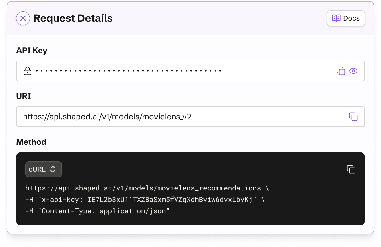 Request details panel showing the API endpoint, key, and cURL snippet