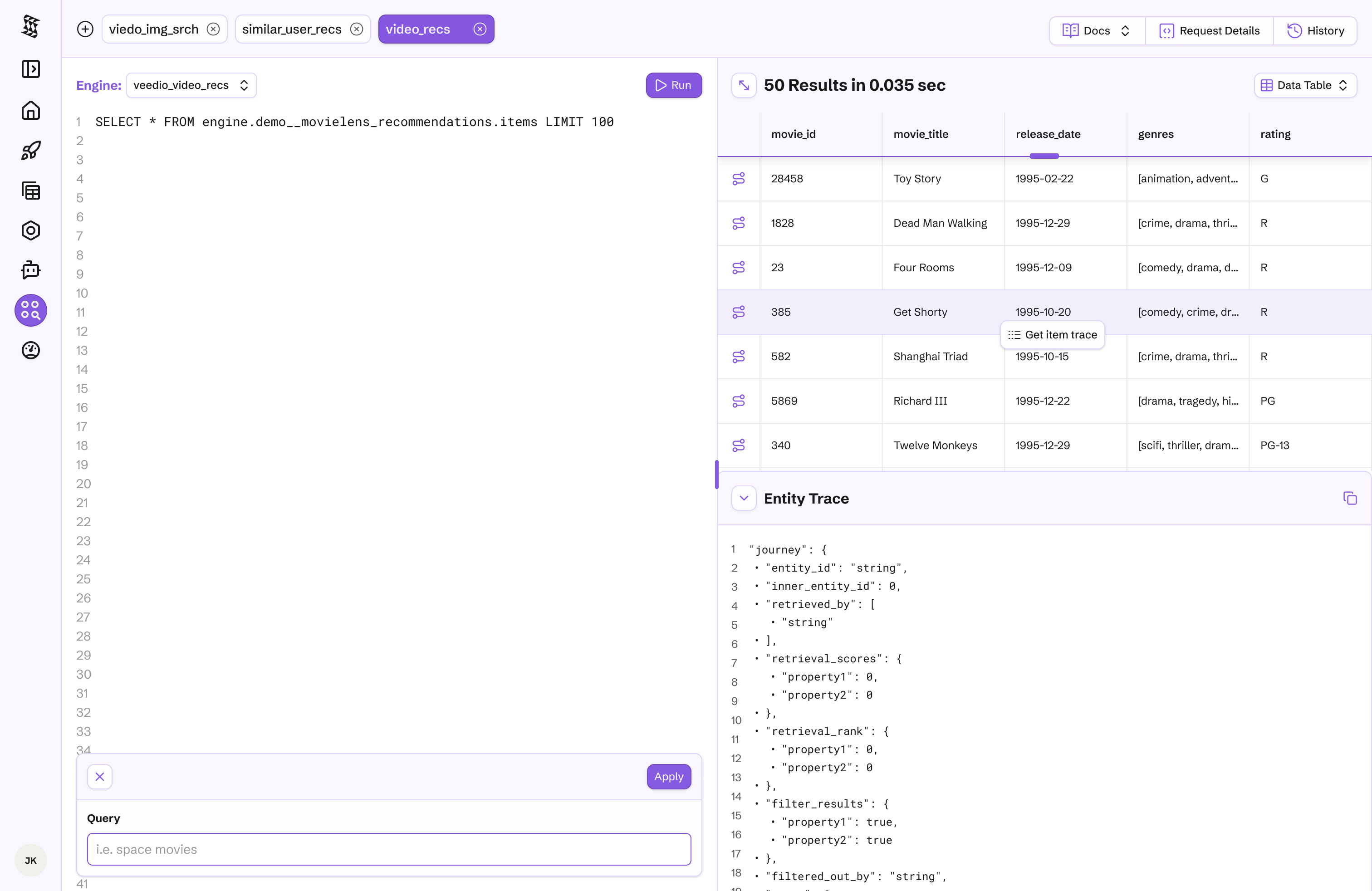 Results trace showing retrieval journey, scores, and rank breakdown