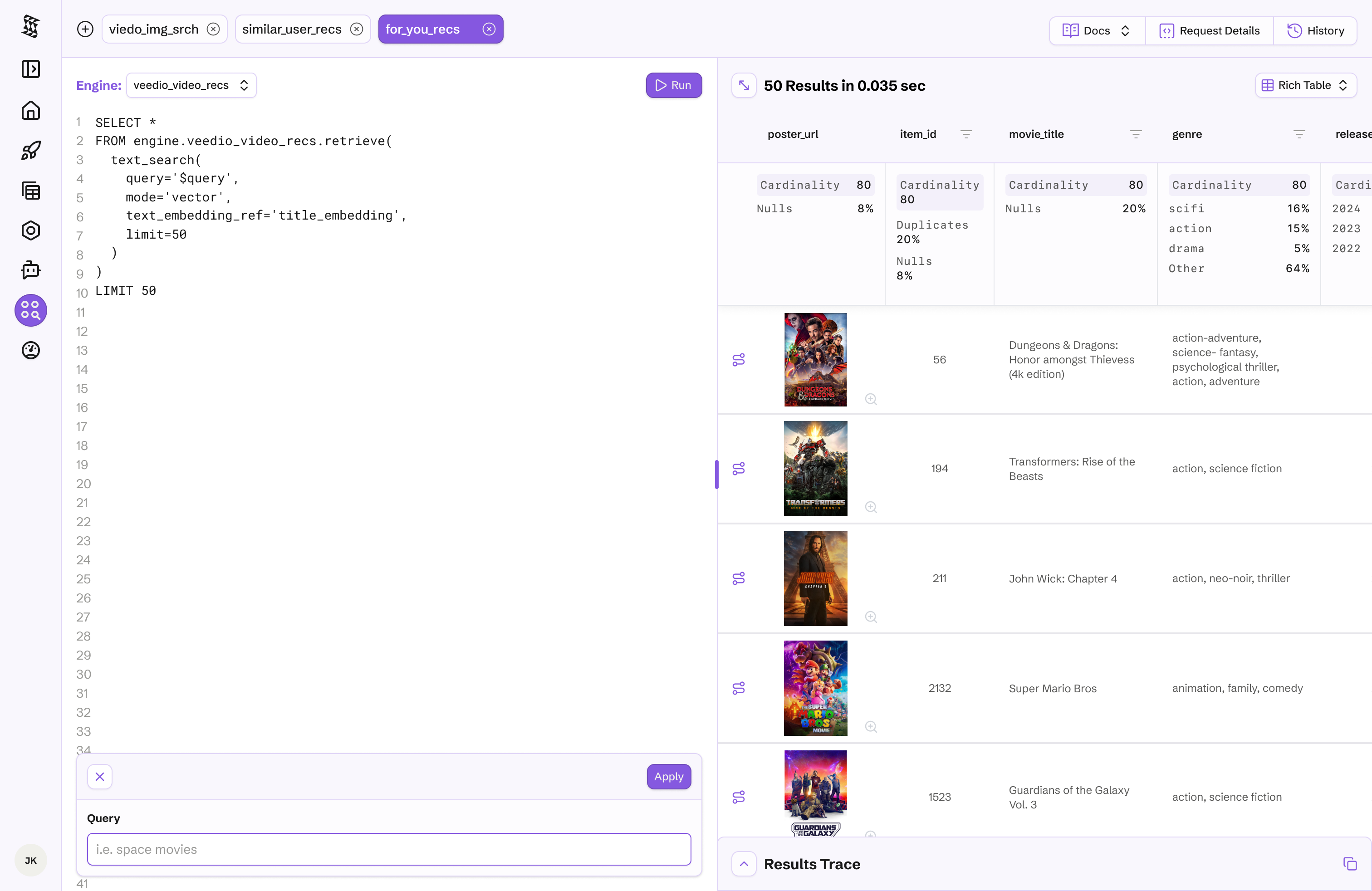 Rich table results with movie poster thumbnails and metadata