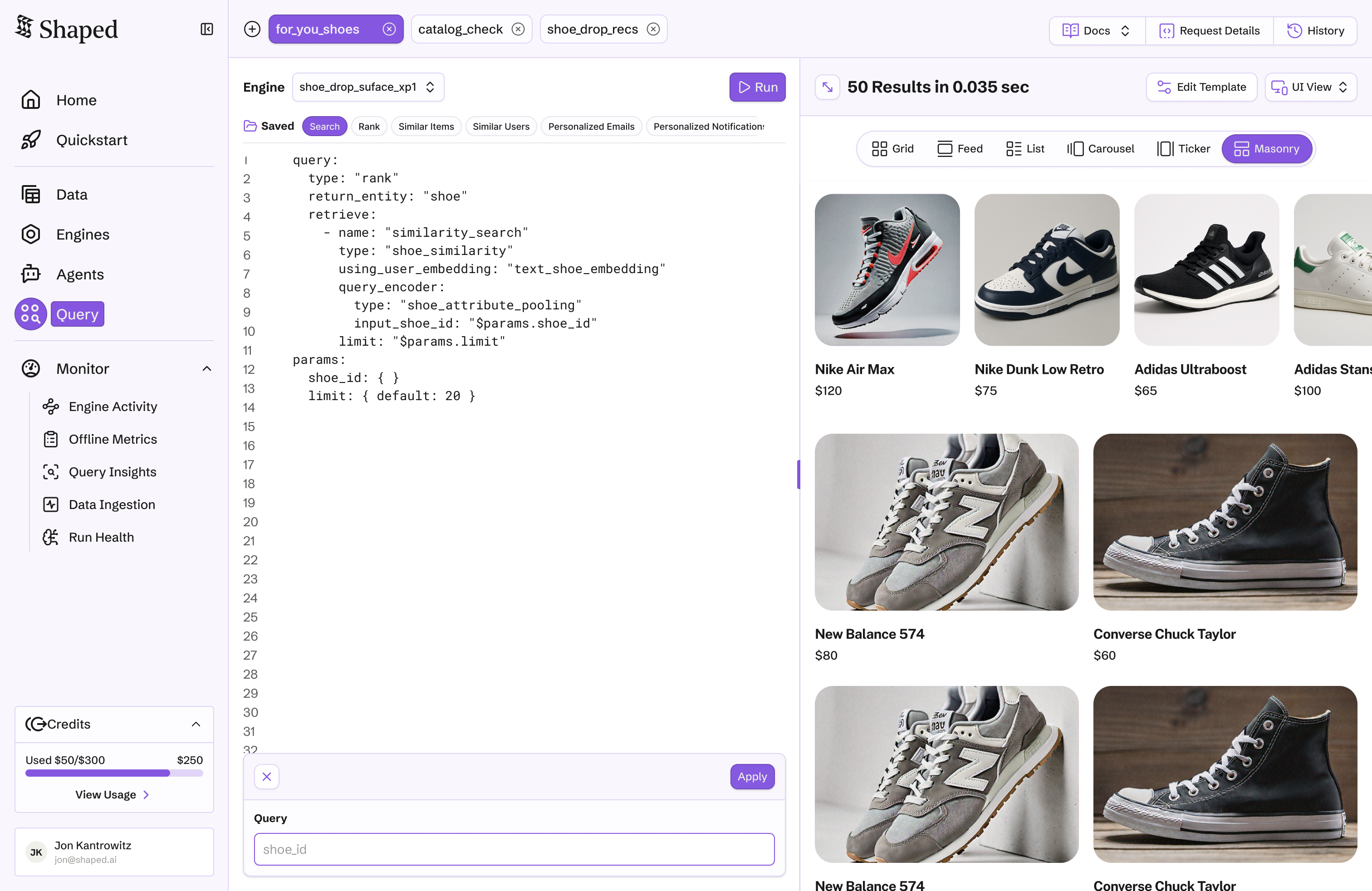 Simulated query results in masonry product grid layout
