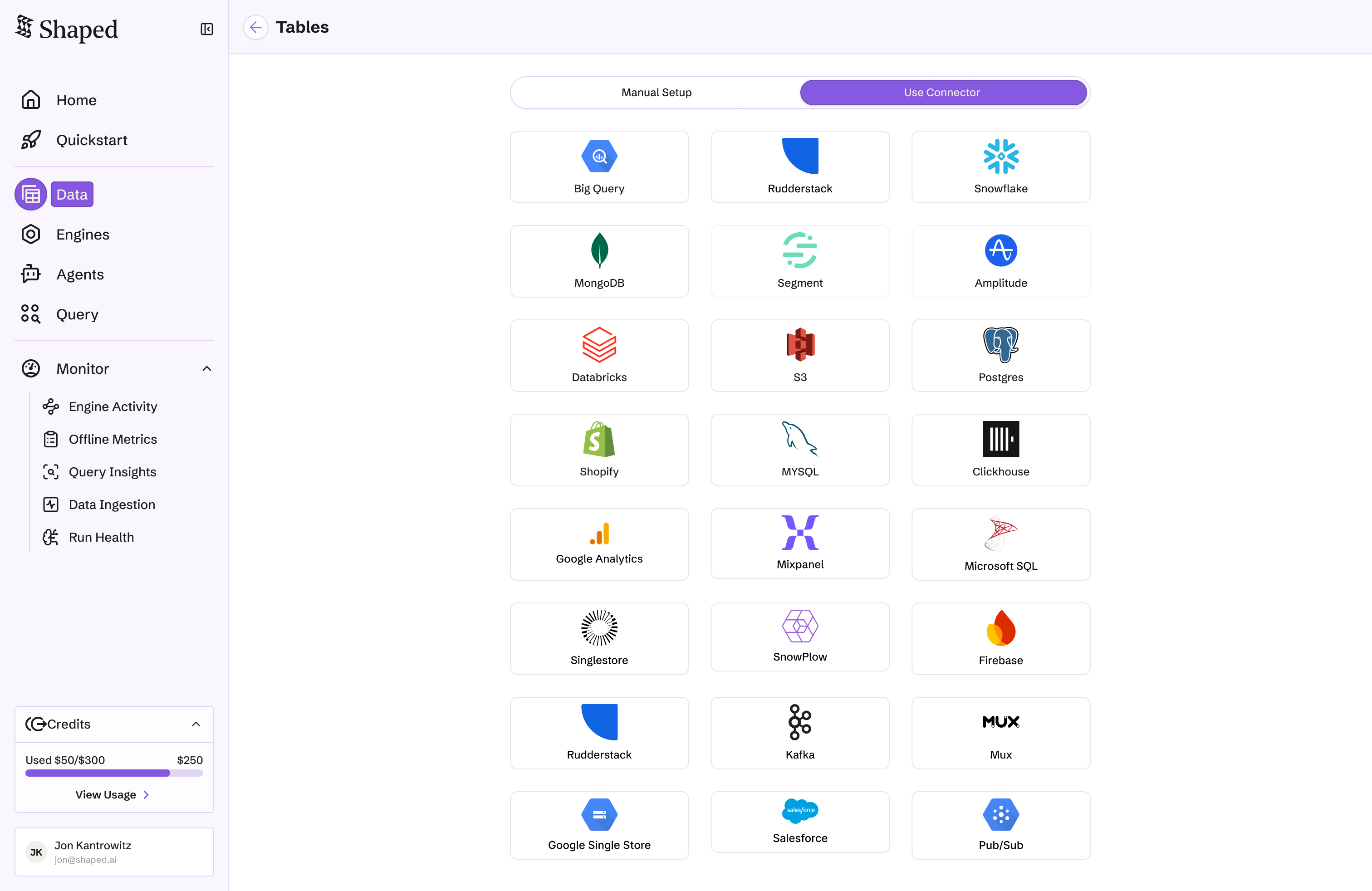 Data connector picker with BigQuery, Snowflake, Segment, and more