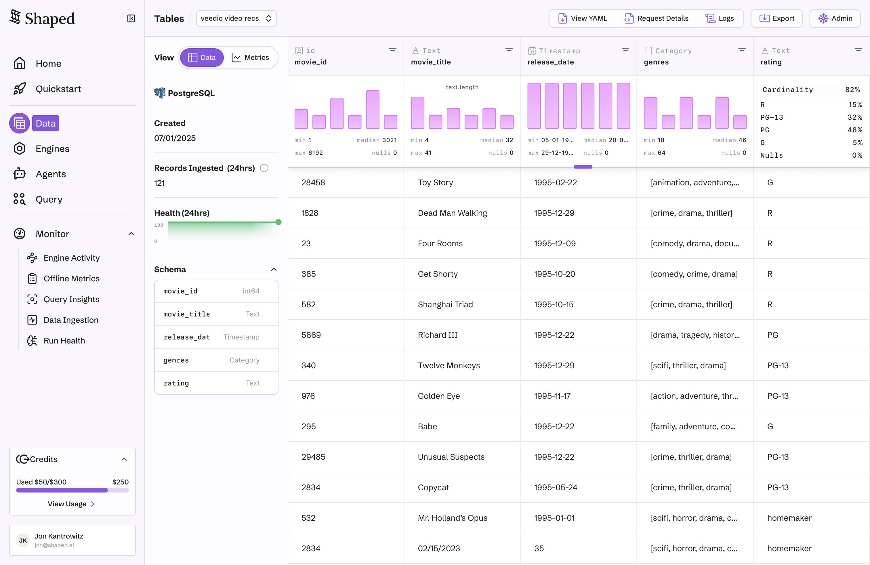 Table detail view with schema, column statistics, and raw data
