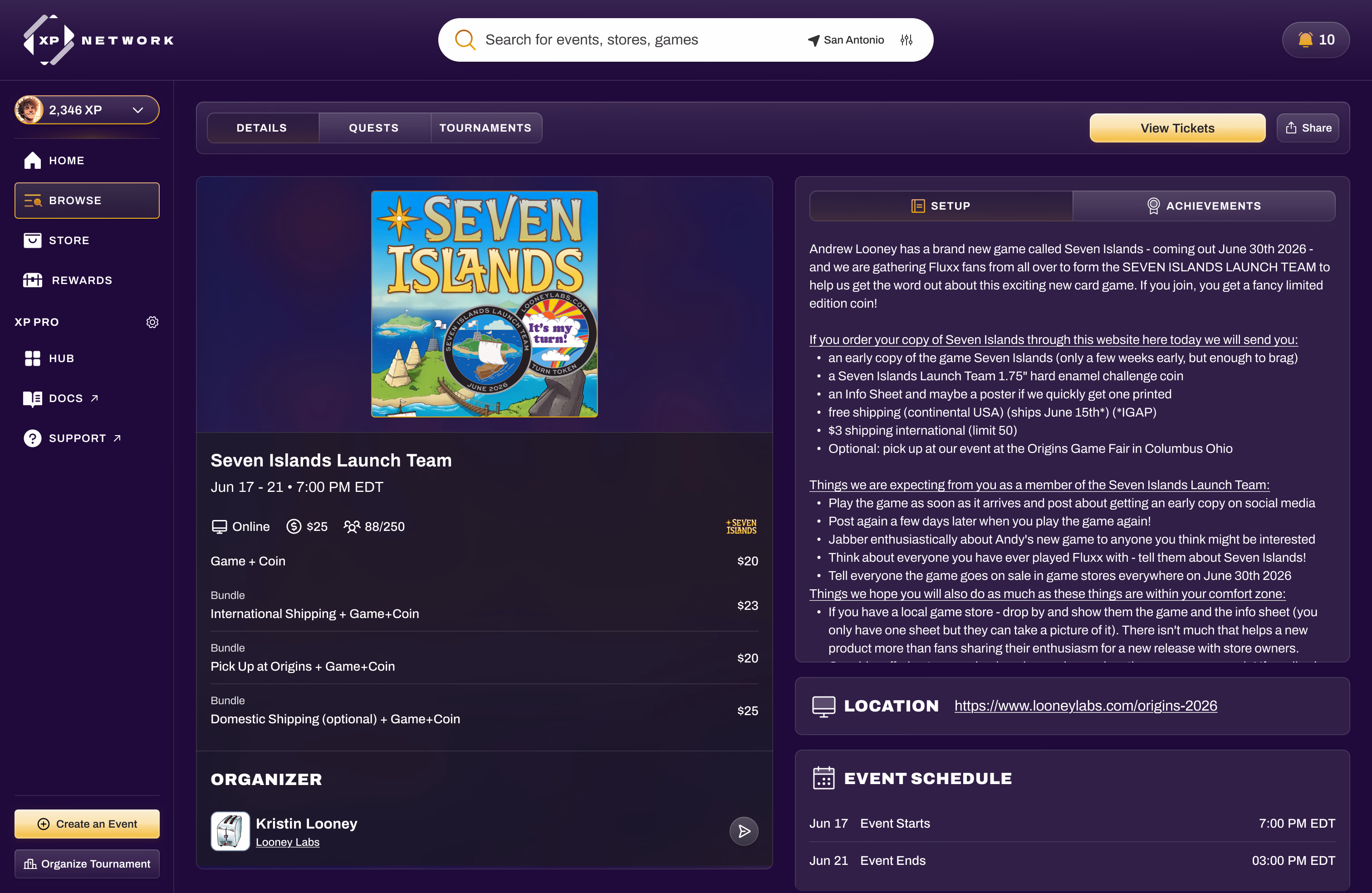 An online event page with ticket bundles, organizer, participation details, and schedule