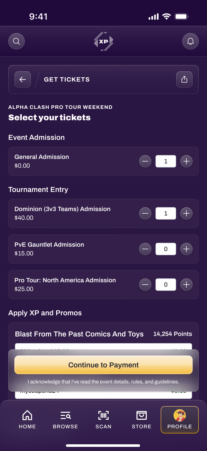 Selecting admission and tournament entry tickets, then applying XP and promo codes before payment