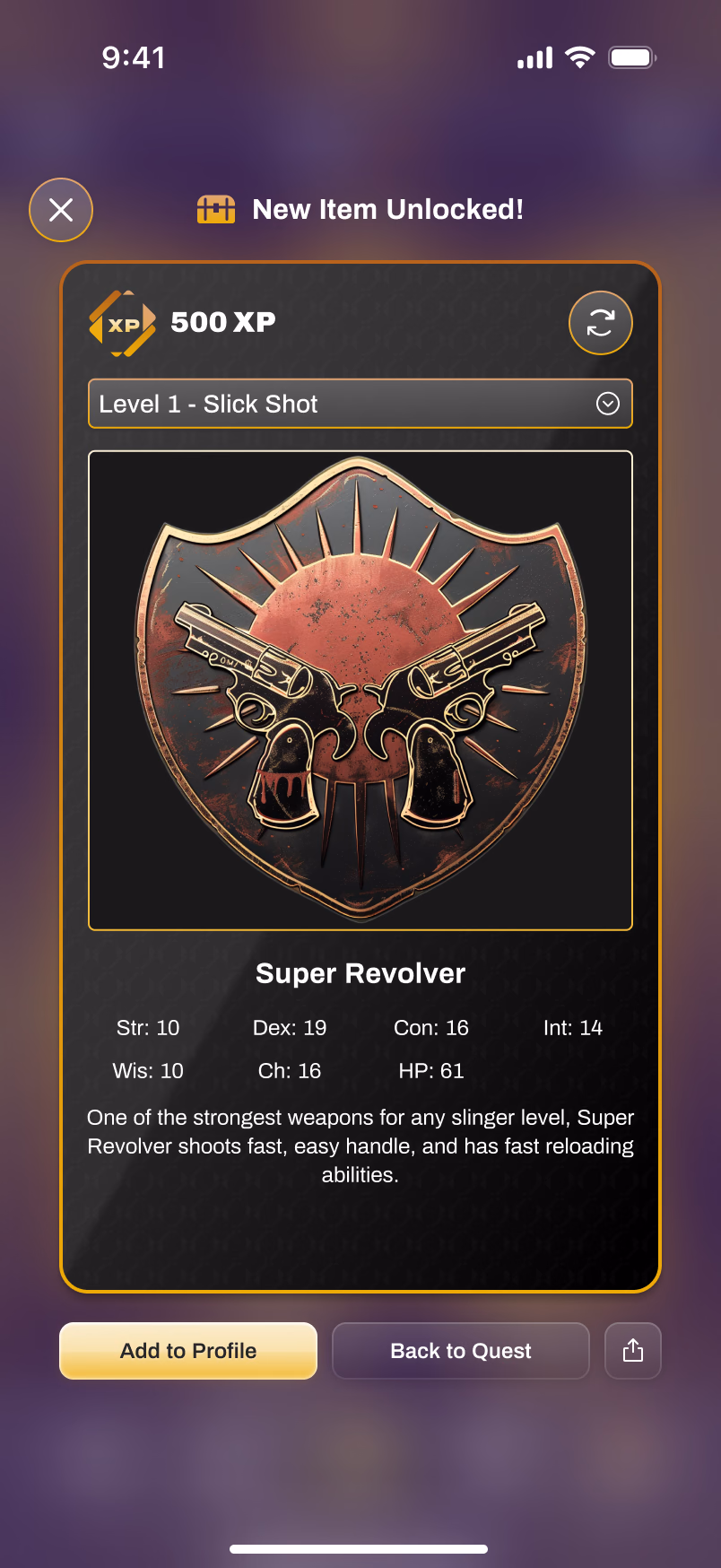 Unlocking a new item, with its XP value, stats, and an option to add it to a profile
