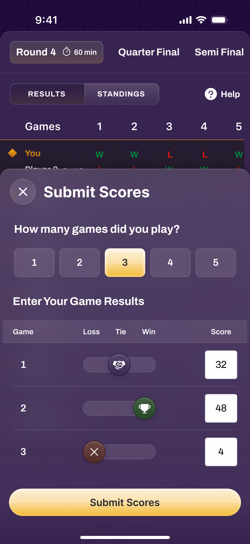 Self-reporting game results, entering a win, loss, or tie and a score for each game played