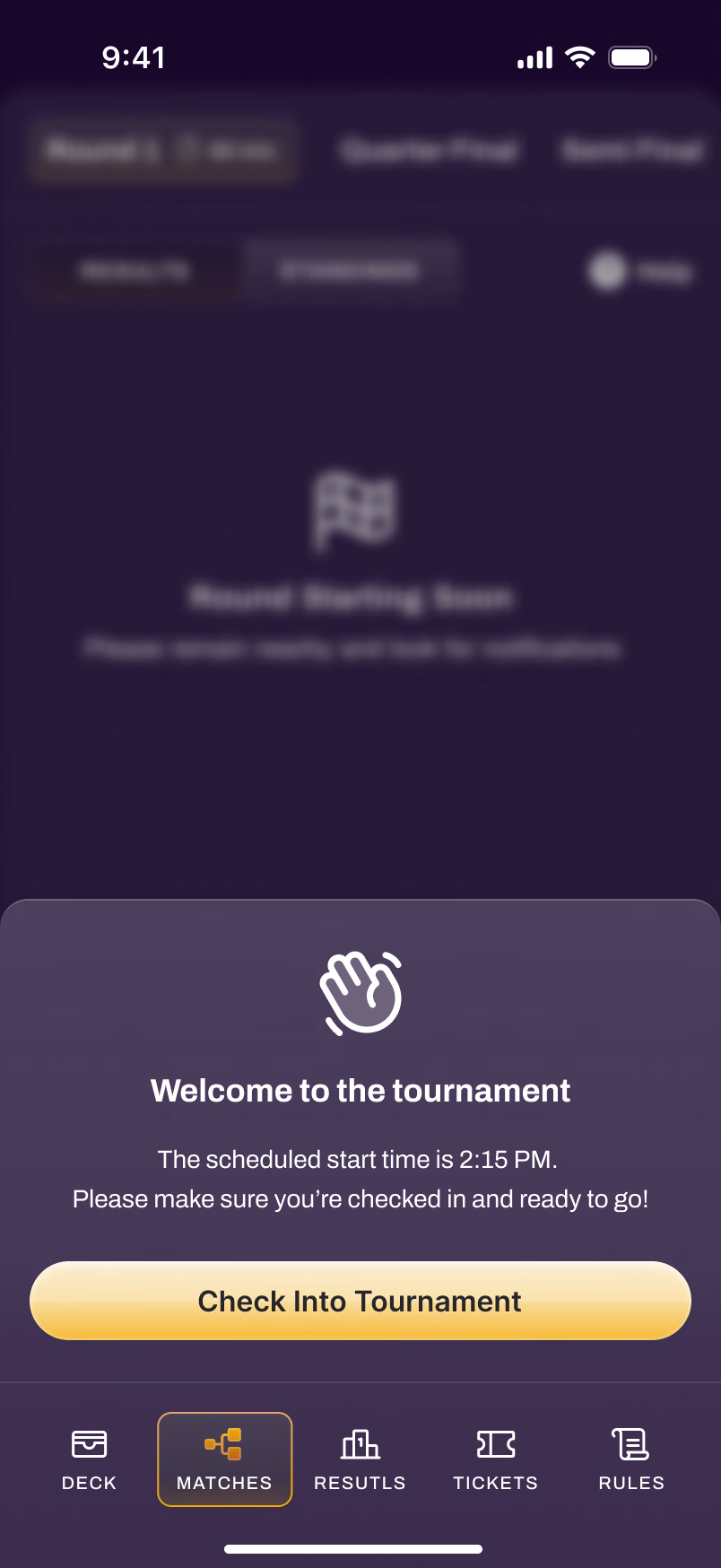 A pre-round holding state prompting the competitor to check into the tournament before the scheduled start