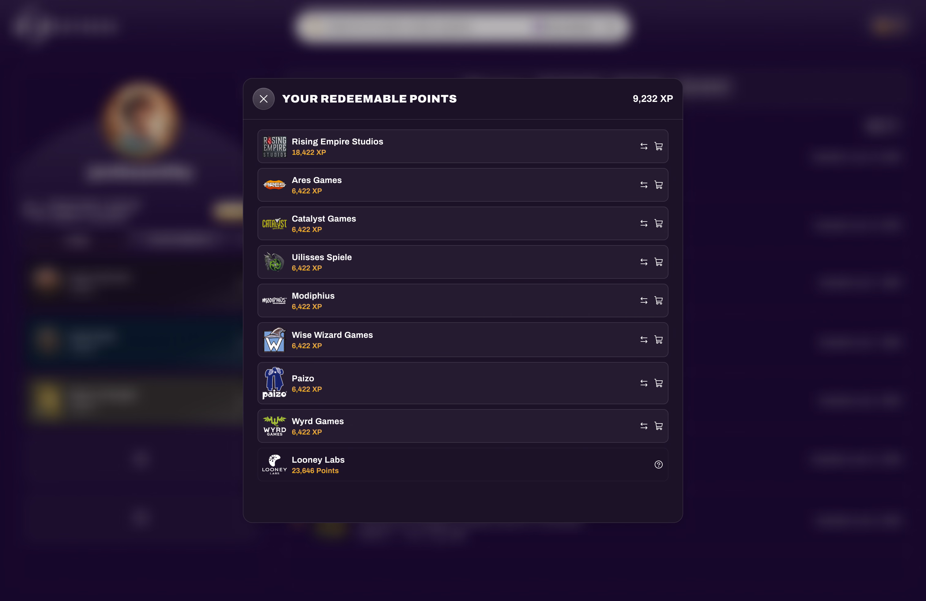 Redeemable points by publisher, with transfer and shop actions per balance