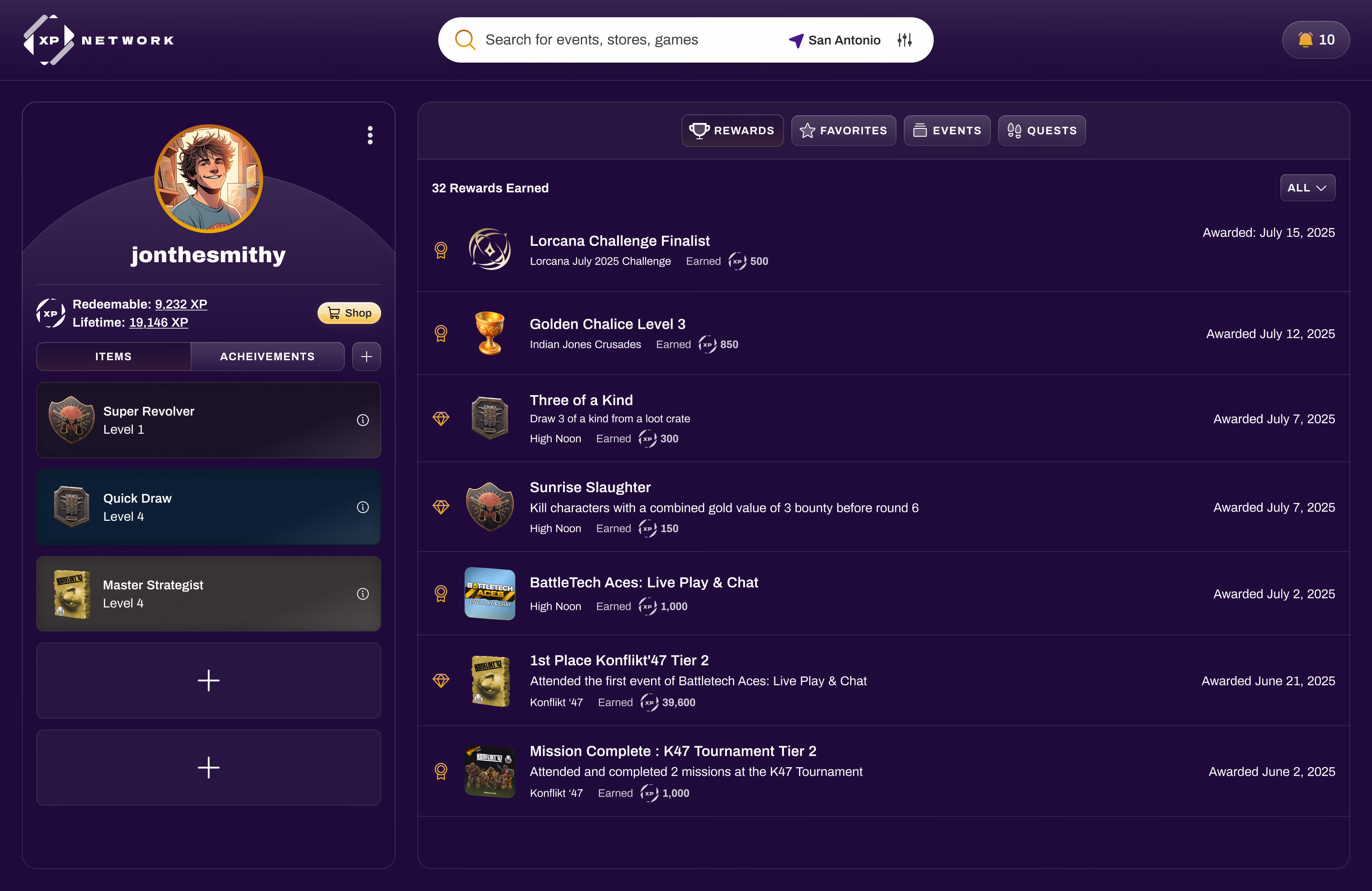 A member's profile with their trophy case, redeemable and lifetime XP, and rewards earned