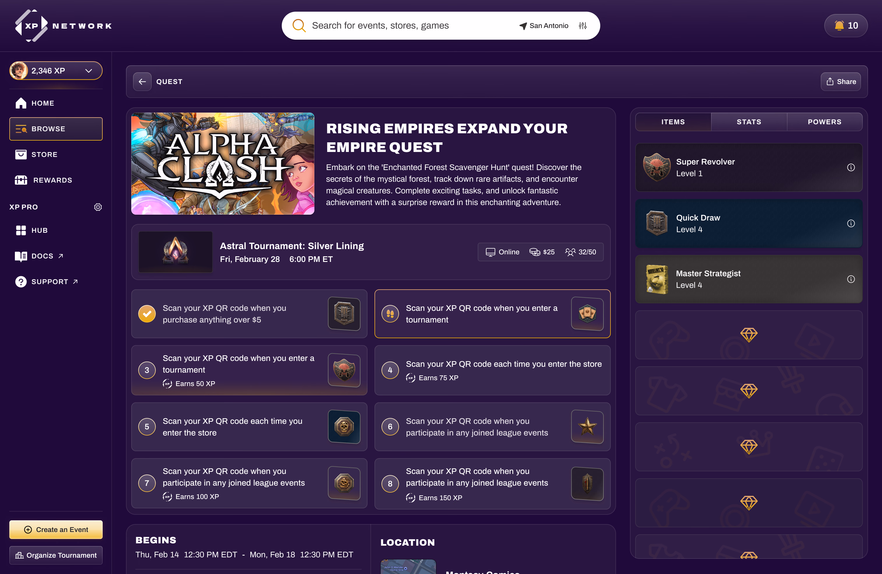 A quest page with its steps, point values, linked tournament, and the items, stats, and powers it can unlock