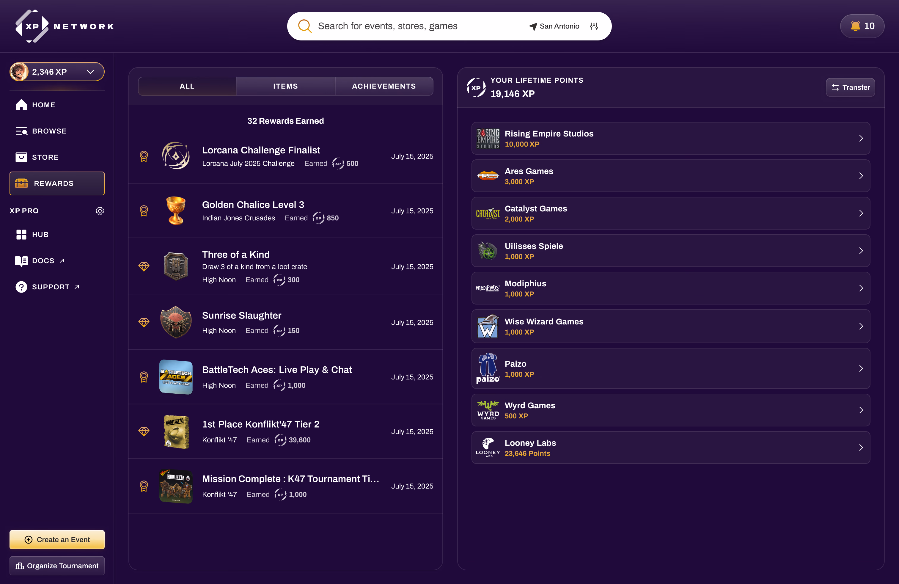The rewards view listing every item and achievement earned alongside a running lifetime points ledger