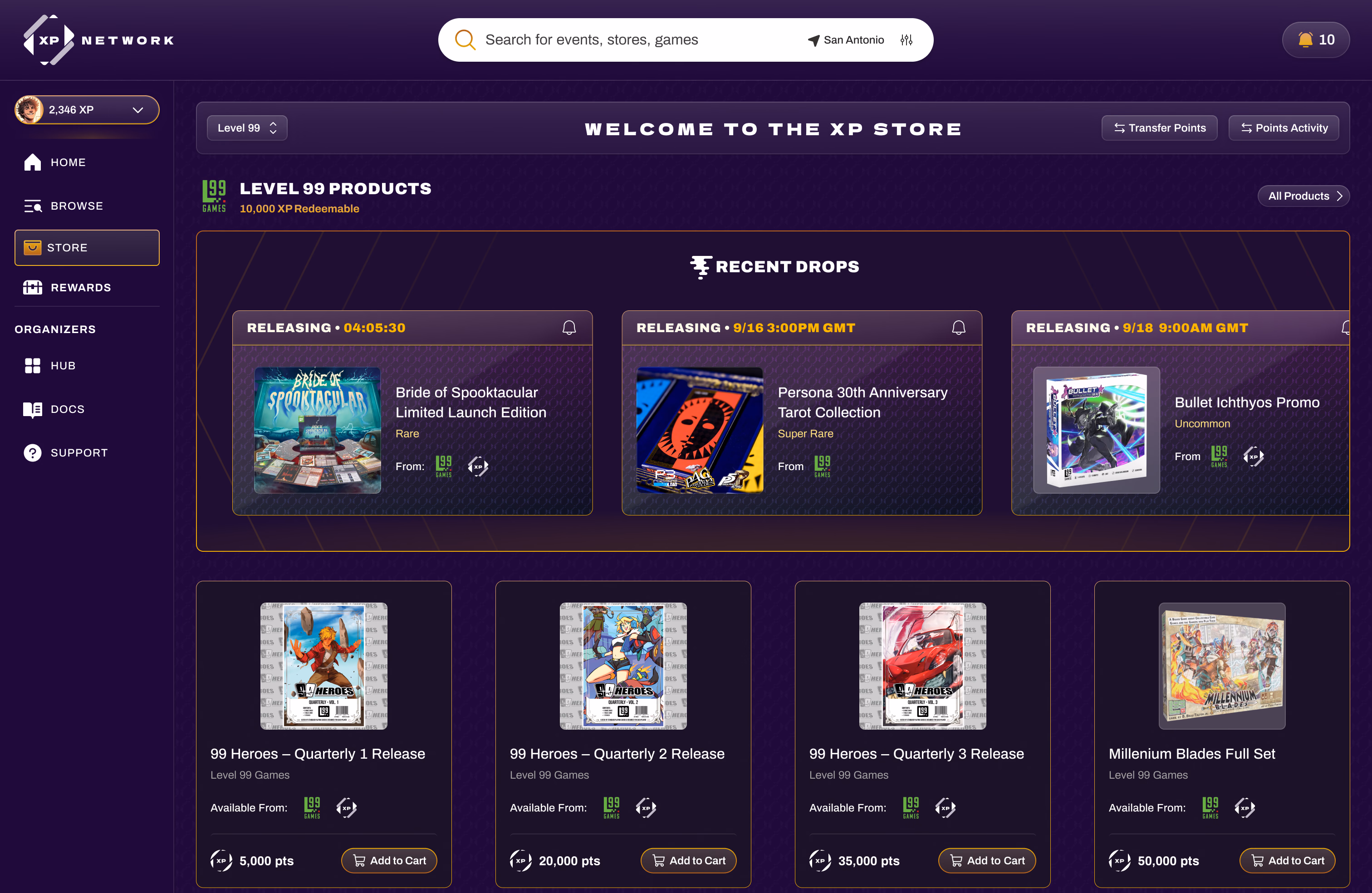 A publisher's XP store with timed drops, rarity, and products redeemable against a points balance