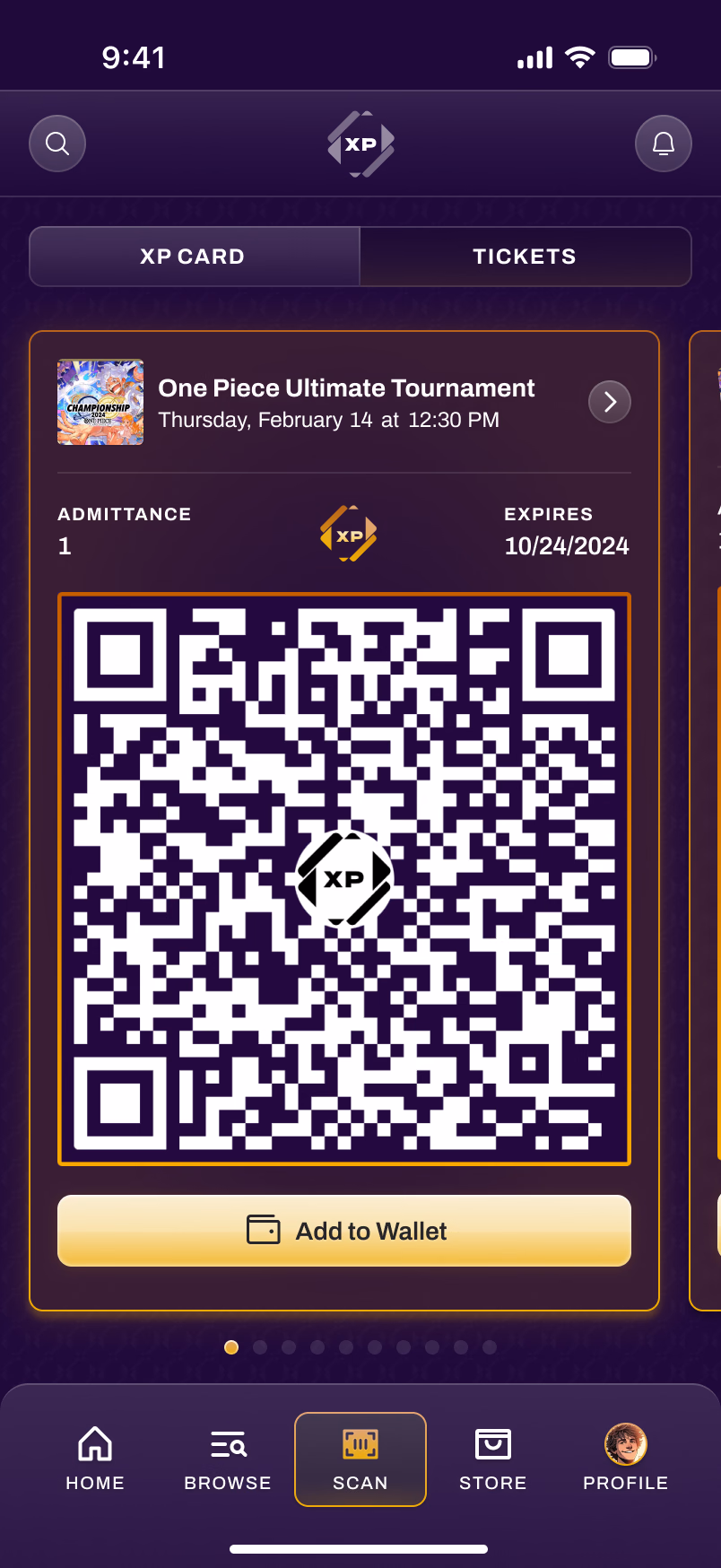 A member's ticket wallet with a scannable admission code and Add to Wallet
