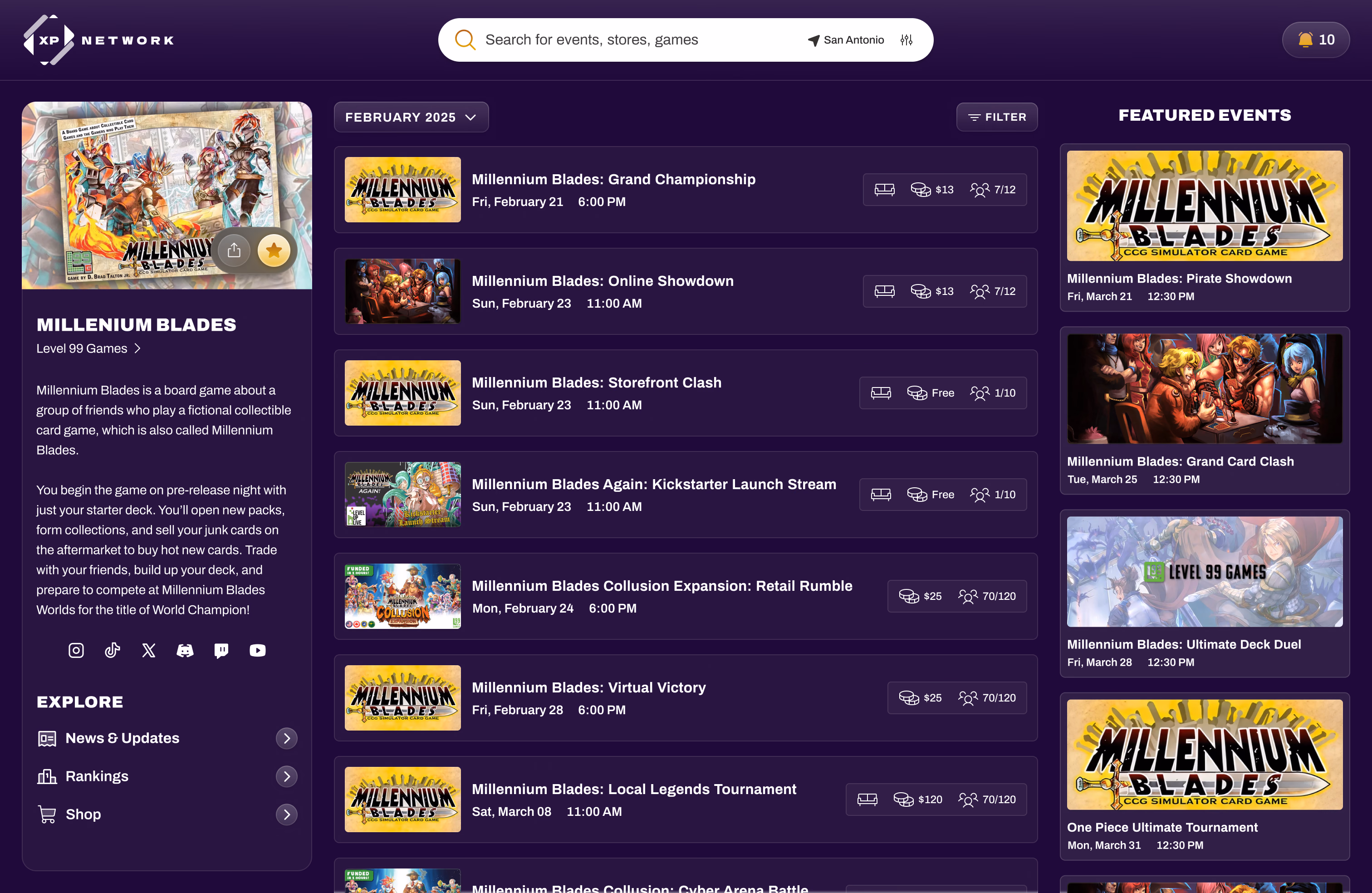 A game page with its description, a month-by-month event calendar, and featured events for that title