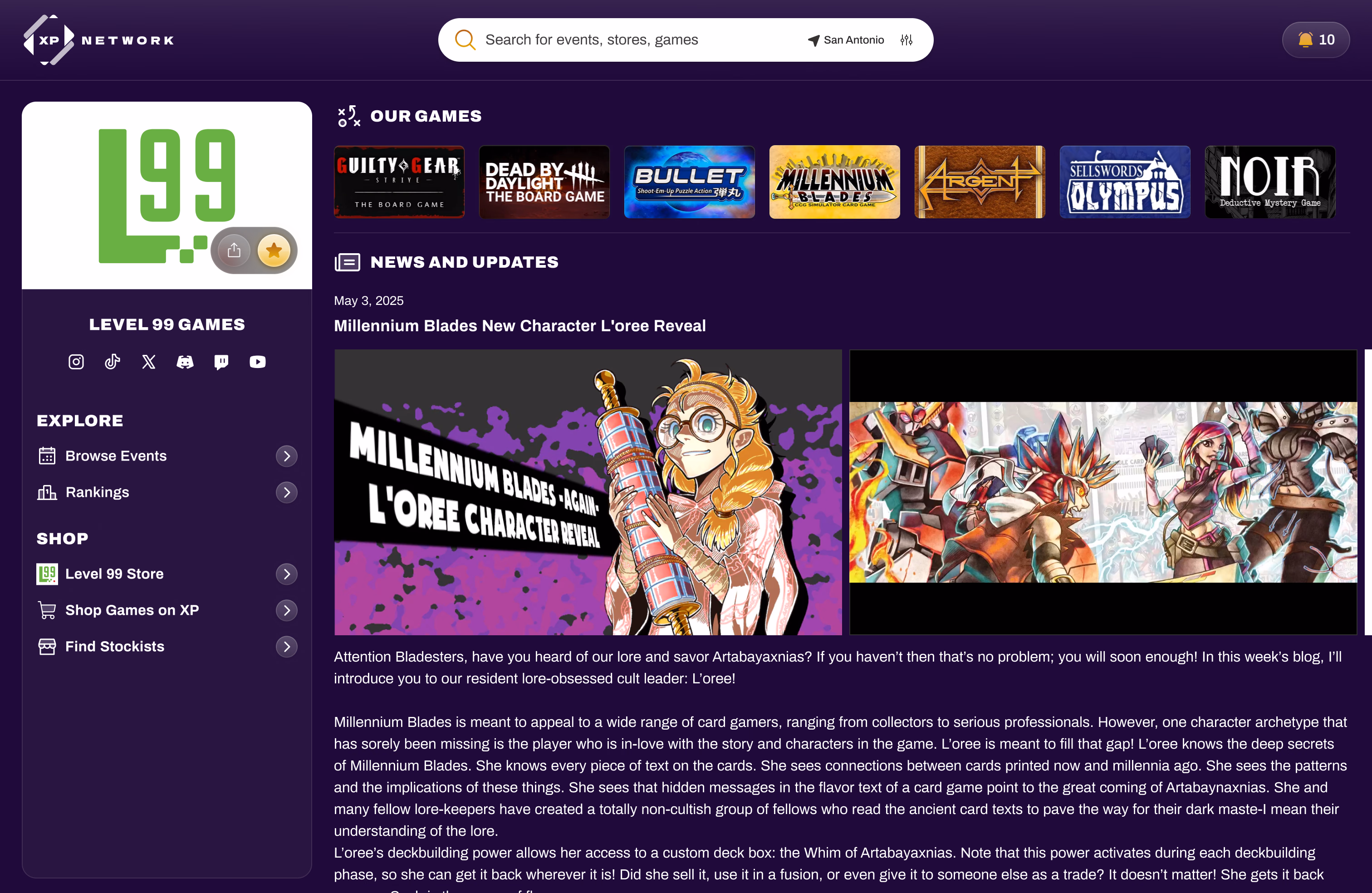 A publisher page with its game catalog, social links, stockist and store shortcuts, and a news feed