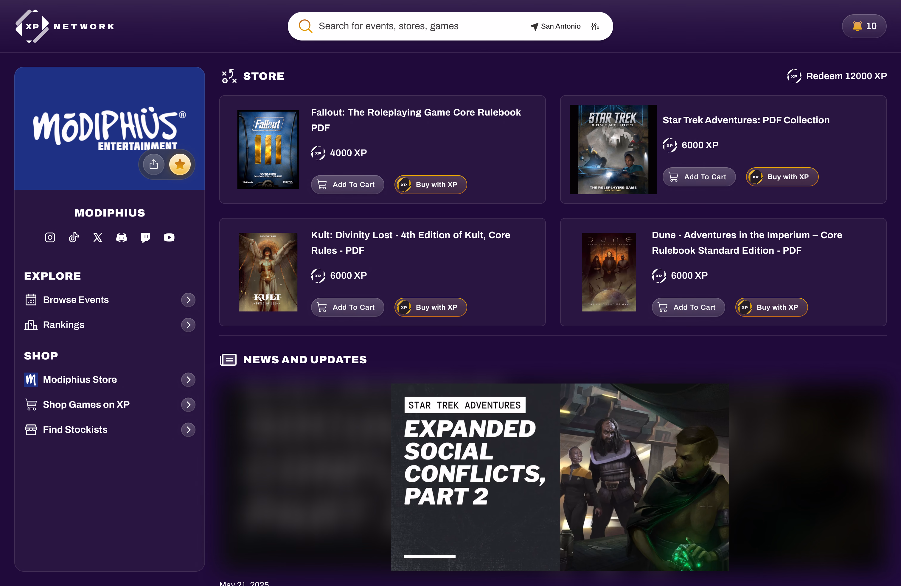 A publisher's store priced in XP, with Buy with XP alongside standard cart checkout