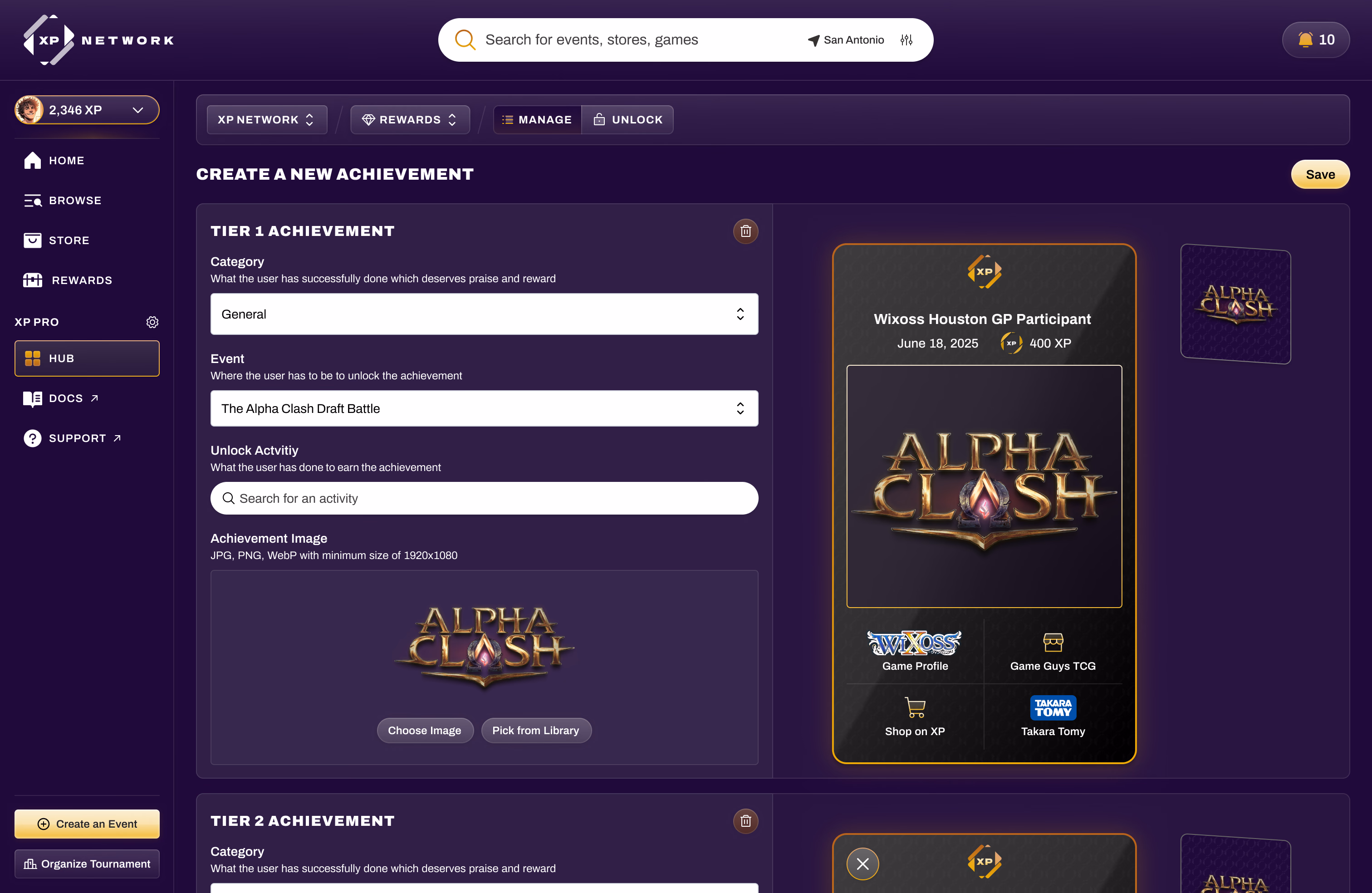 Authoring tiered achievements with a live card preview and linked game, store, and publisher profiles