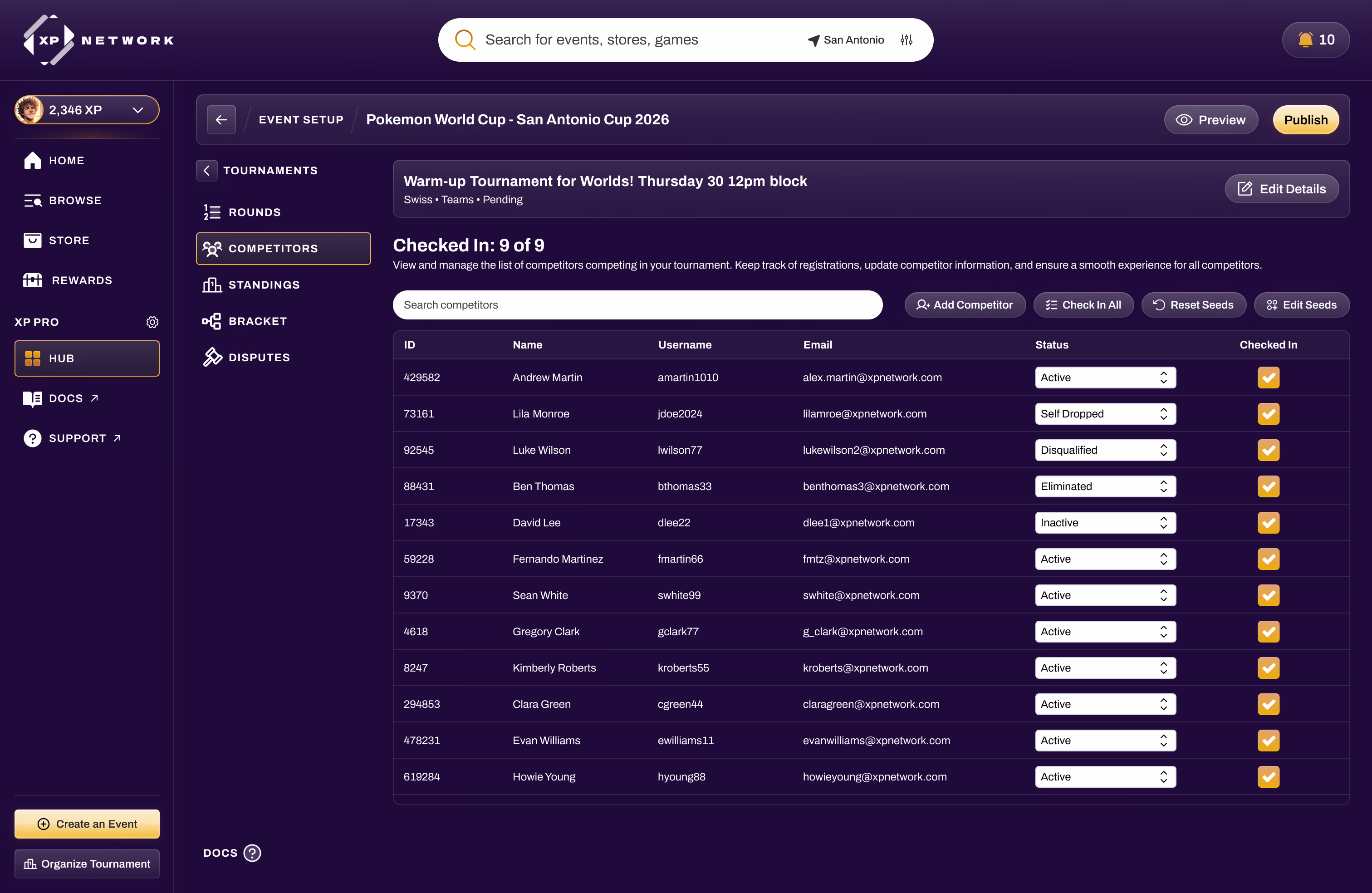 Tournament competitor list with check-in status, seeds, and per-competitor state
