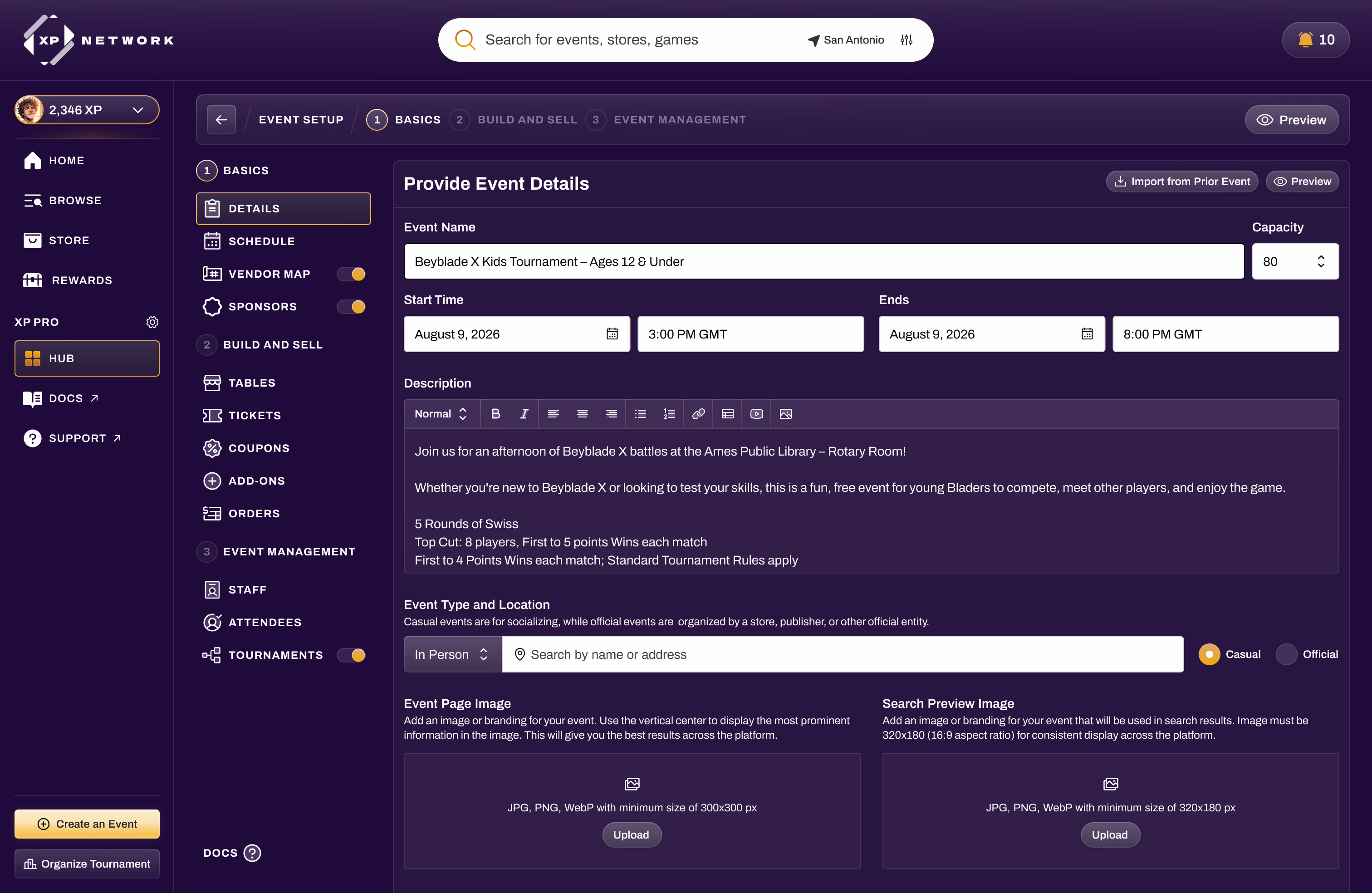 Event setup with details, capacity, type and location, and page imagery, alongside the full build and management checklist