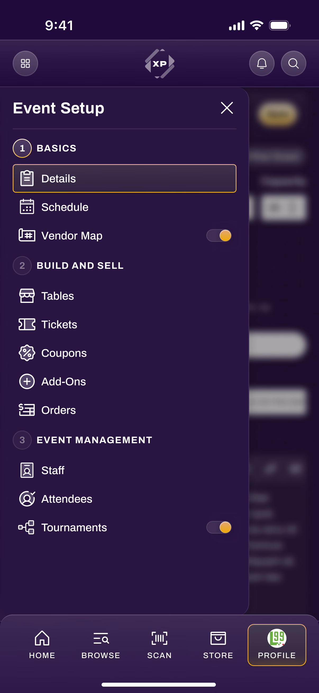 The event setup checklist on mobile