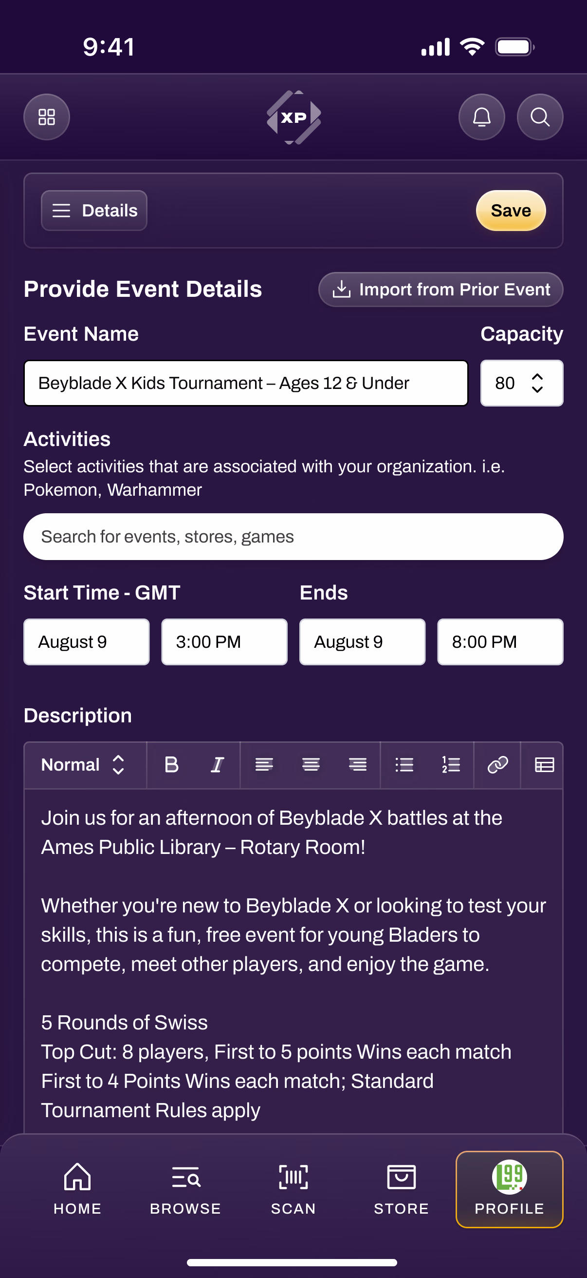 Filling out event details on mobile