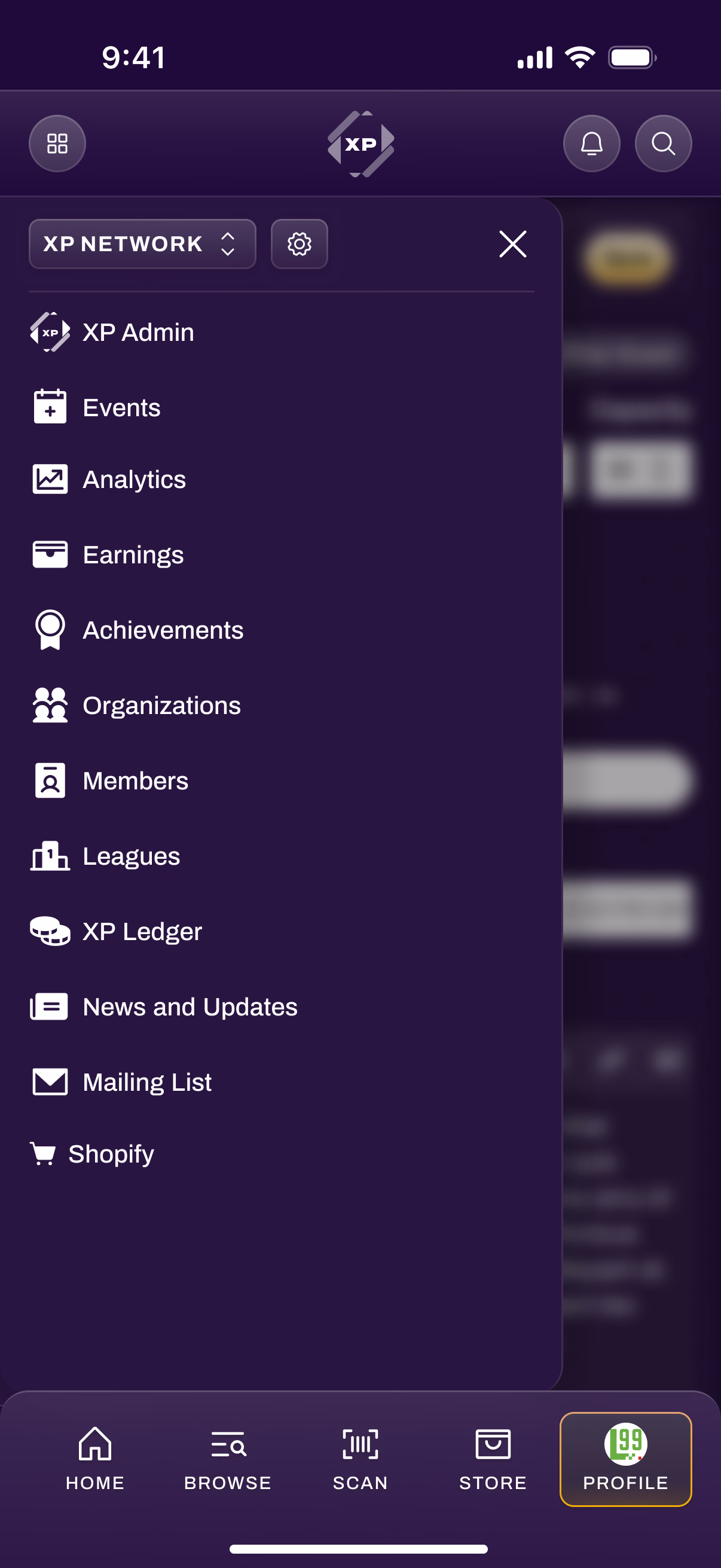 Hub navigation on mobile, scoped to the selected organization