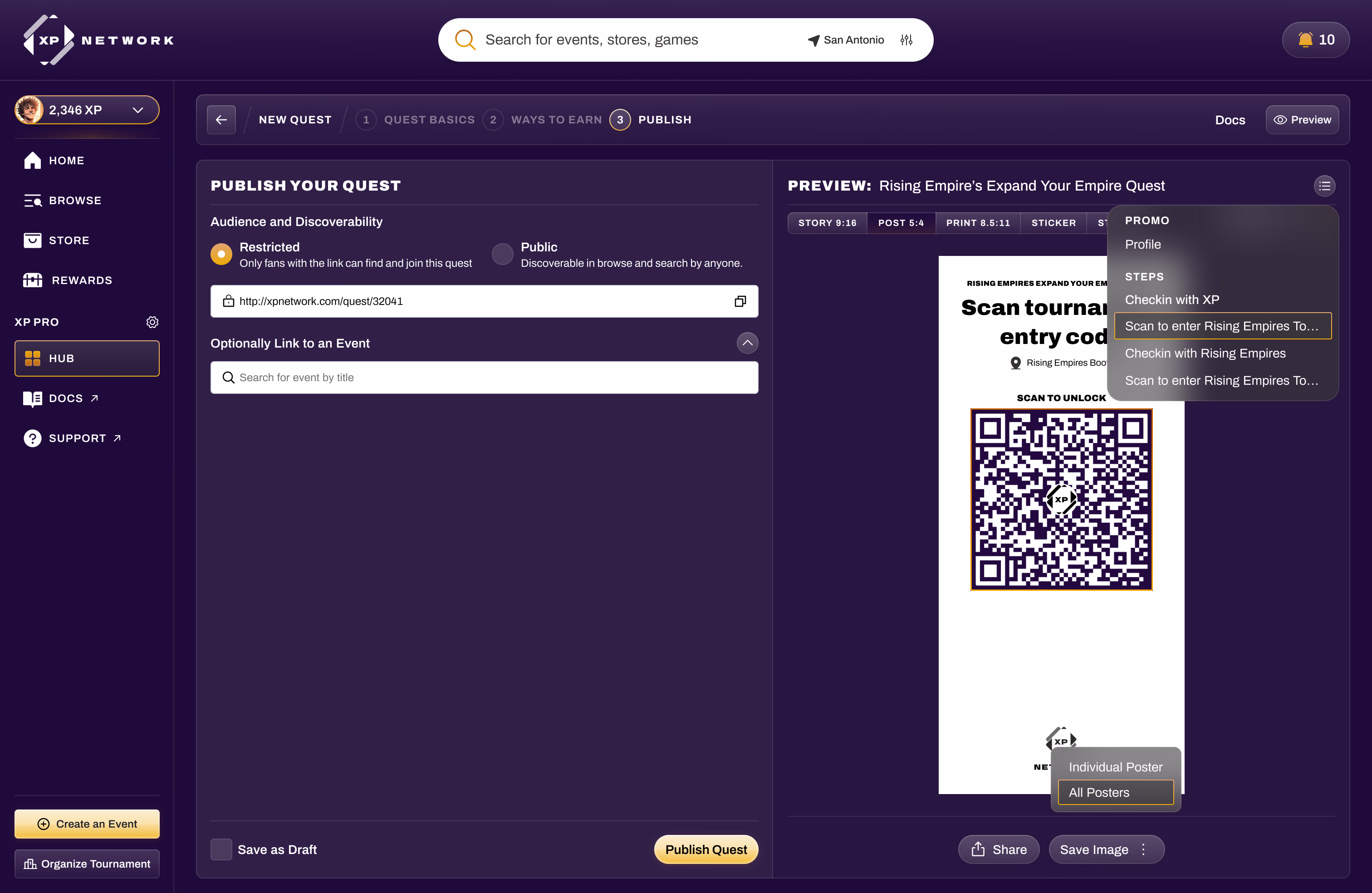 Publishing a quest with audience and discoverability settings, a shareable link, and exportable posters per step