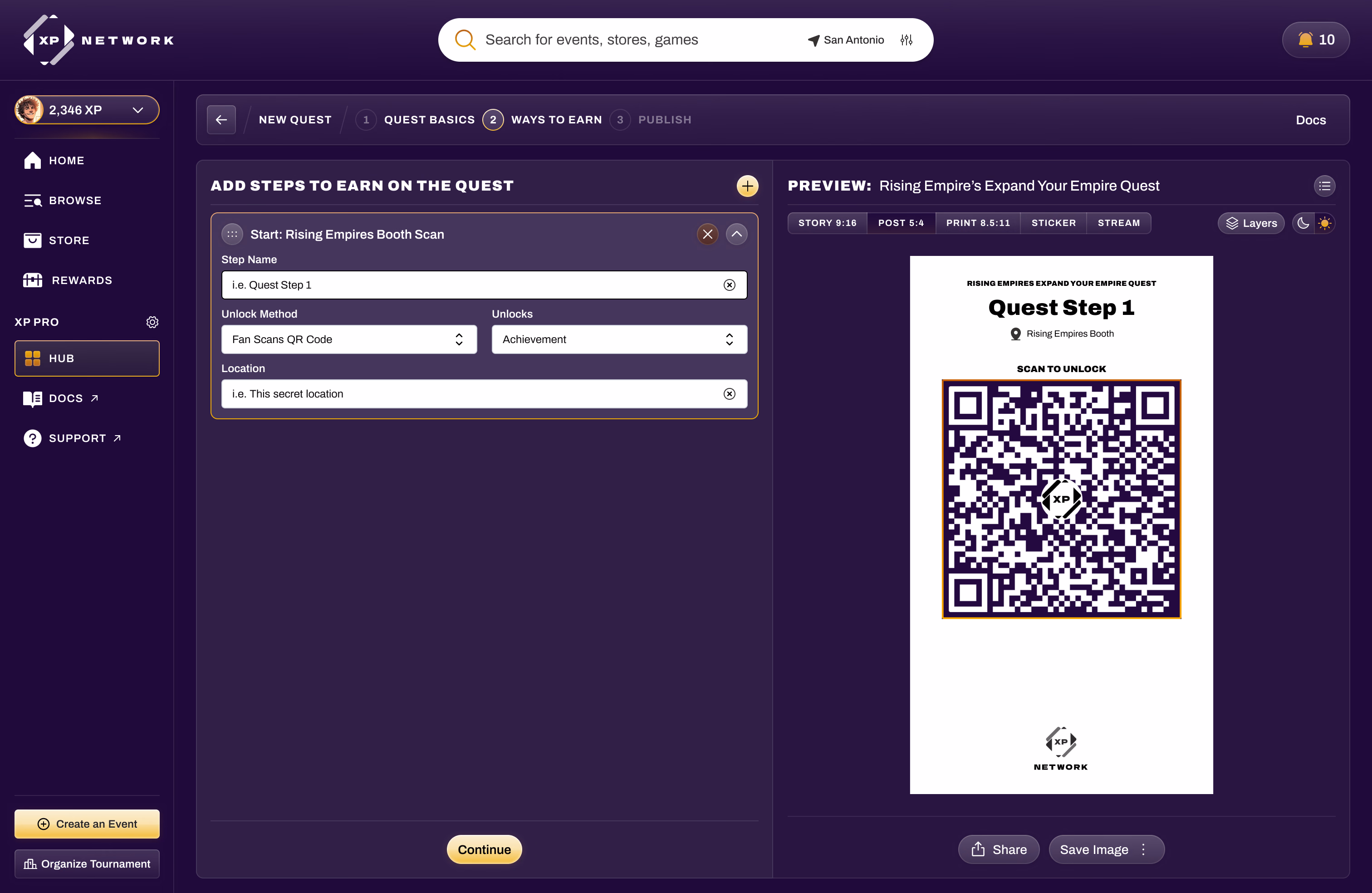 Configuring a single quest step's unlock method, what it unlocks, and where it happens