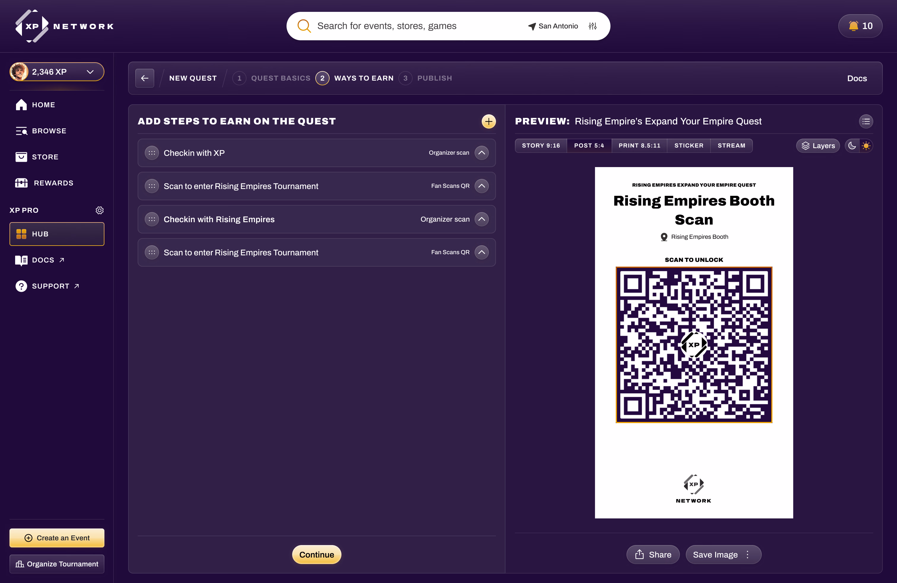 Ways to earn: ordered quest steps set to organizer scan or fan QR scan