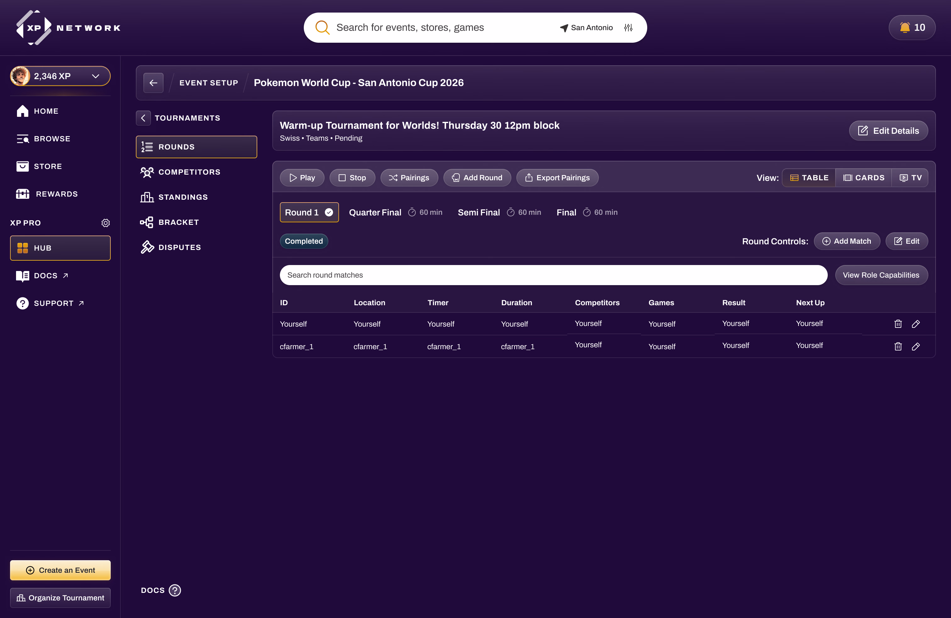 Round management with pairings, timers, and table, card, or TV display modes